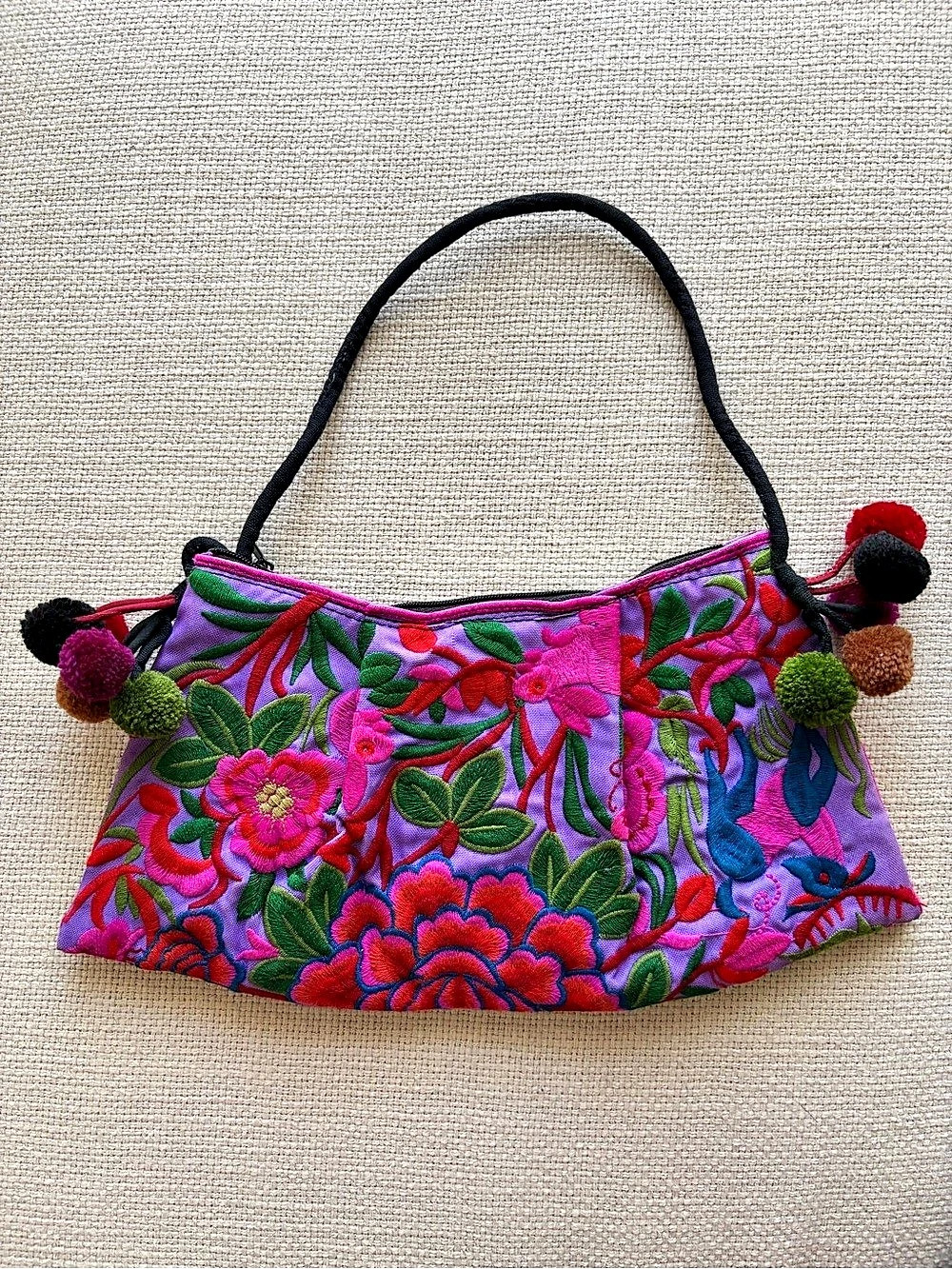 Handmade Floral Embroidered Shoulder Bag in Purple & Pink